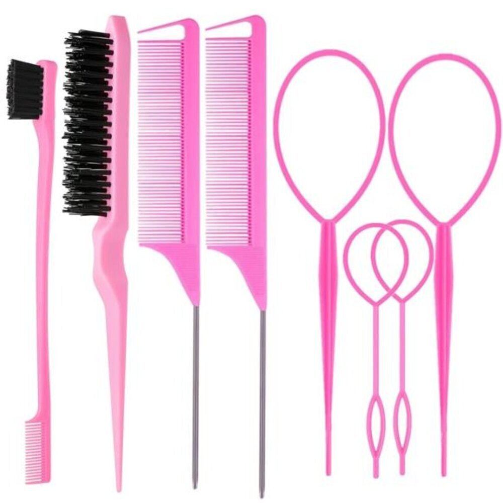 8-Piece Pink Hair Styling Tool Set Edge Brush, Rat Tail Combs & Loop Hair Puller